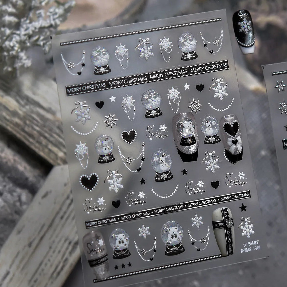 5D Black Bow & Bear Christmas Nail Stickers 5466