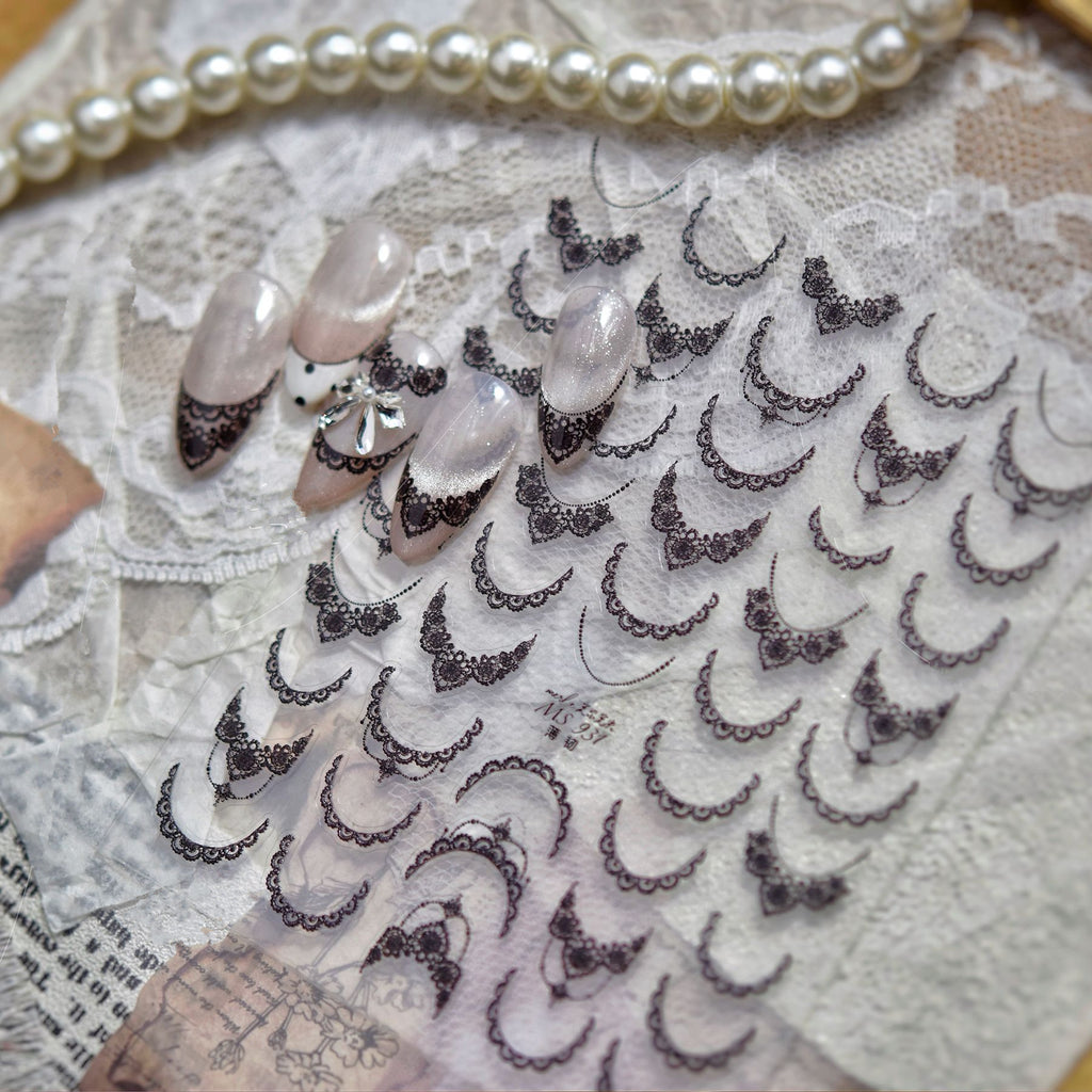 5D Black White Lace French Tip Nail Stickers - Elegant Wedding Art 931