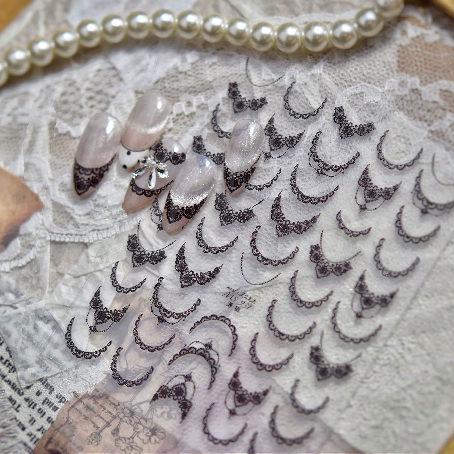 5D Black White Lace French Tip Nail Stickers - Elegant Wedding Art 931