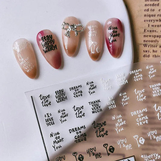 5D Black & White Letter Nail Stickers Handwritten Words & Text Nail Art Sticker Decals TS2707