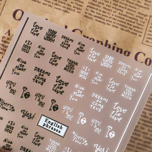 5D Black & White Letter Nail Stickers Handwritten Words & Text Nail Art Sticker Decals TS2707