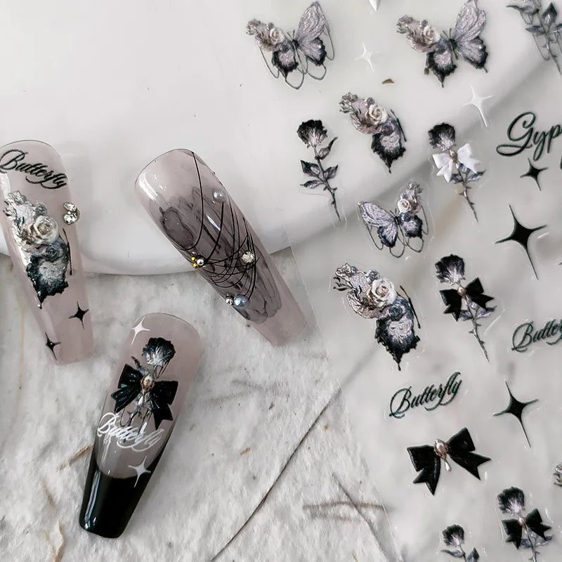 5D Butterfly Nail Art Stickers Black Butterfly Rose Bow Design Adhesive Nail Decals TS2022