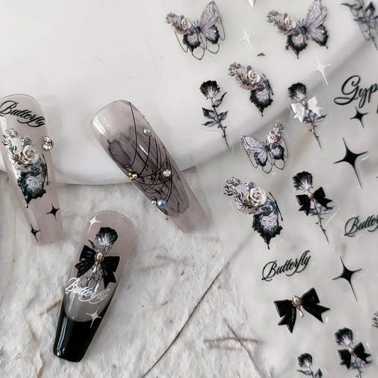 5D Butterfly Nail Art Stickers Black Butterfly Rose Bow Design Adhesive Nail Decals TS2022