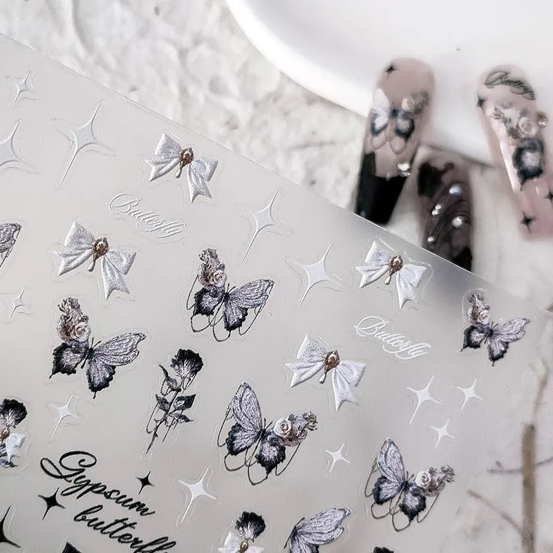 5D Butterfly Nail Art Stickers Black Butterfly Rose Bow Design Adhesive Nail Decals TS2022