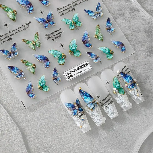 5D Butterfly Wing Nail Stickers Blue Butterfly Adhesive Sticker Nail Art Decals TS2407