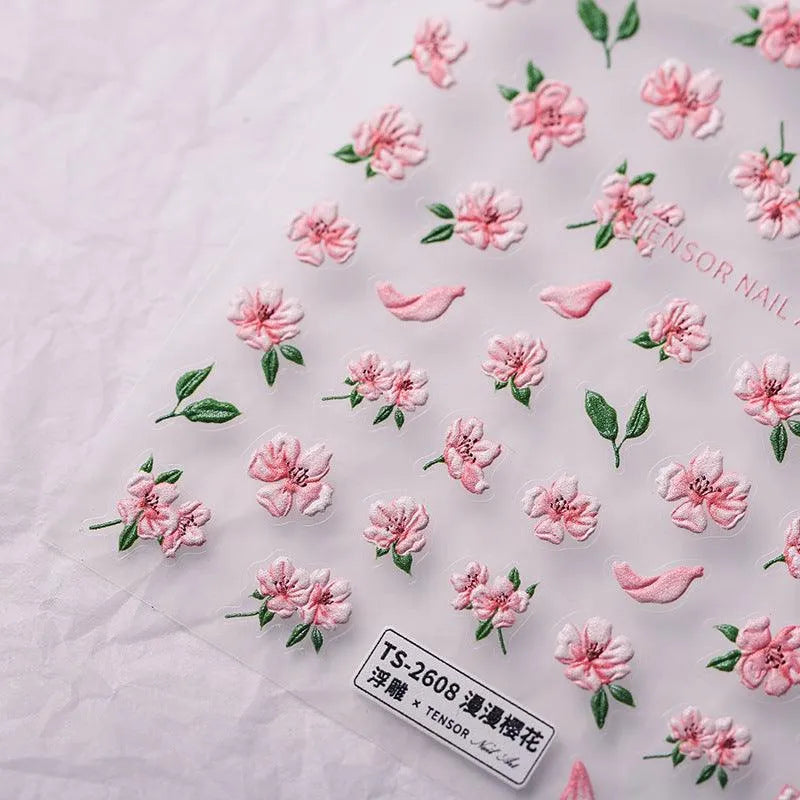 5D Cherry Blossom Nail Art Stickers Pink Floral Spring Adhesive Sticker Decals TS2608