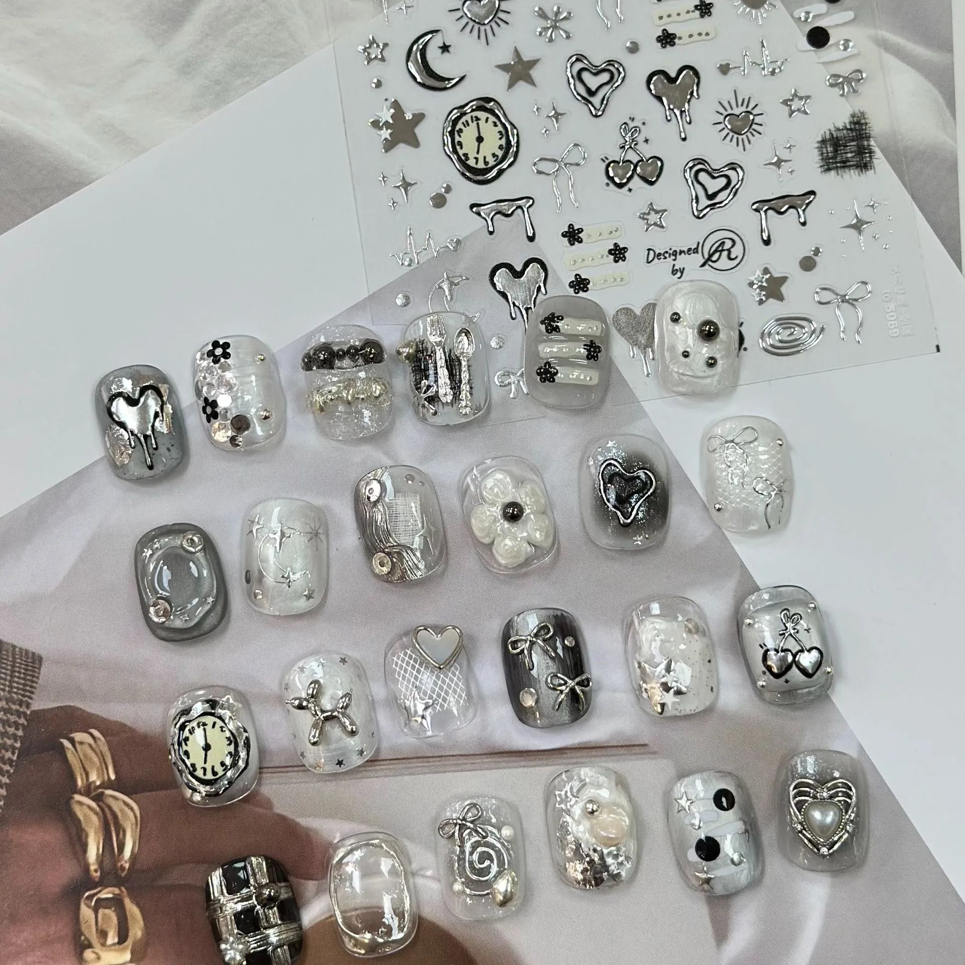 5D Chrome Gothic Heart Nail Stickers | Y2K Cyber Star & Bow Metal Nail Art Decals