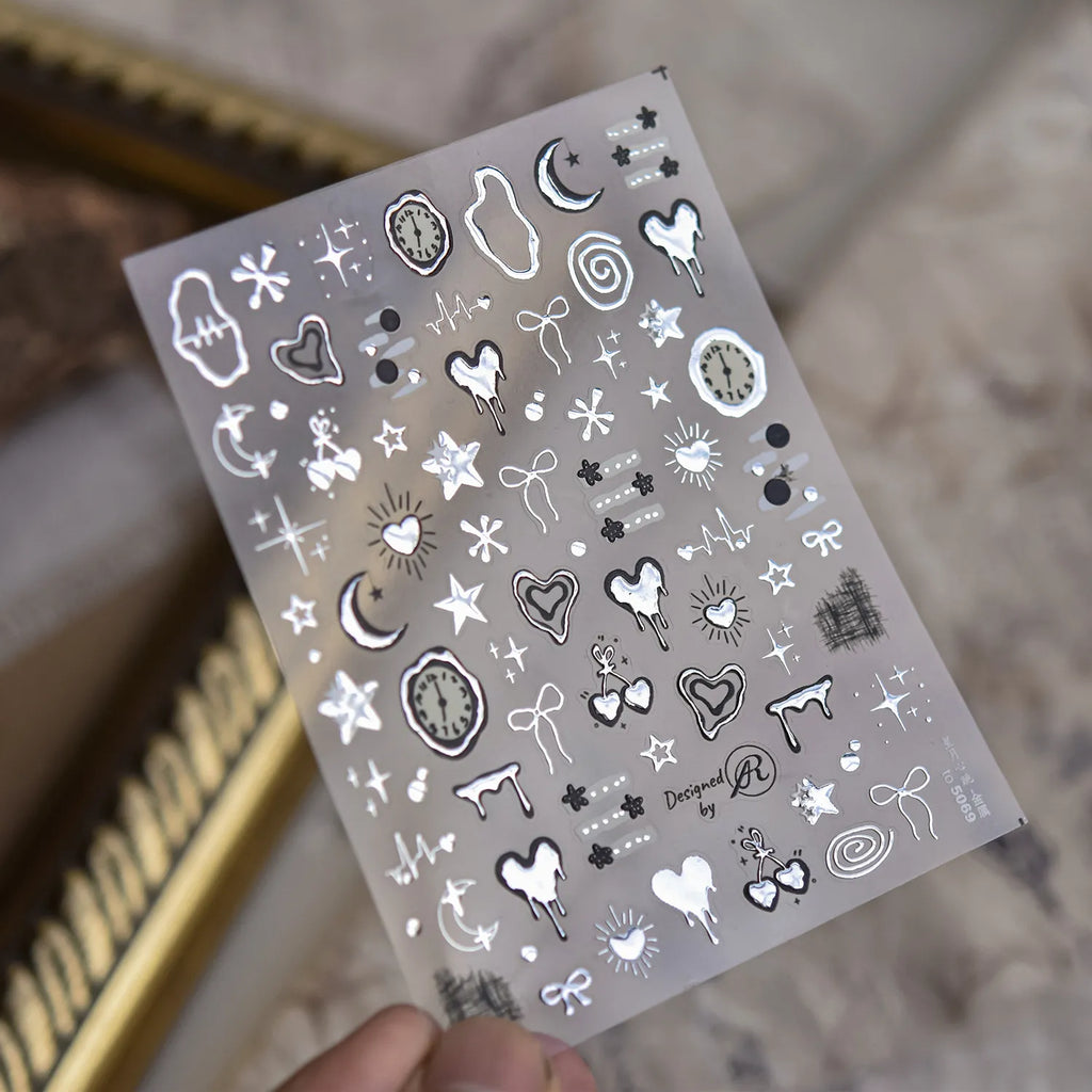 5D Chrome Gothic Heart Nail Stickers | Y2K Cyber Star & Bow Metal Nail Art Decals