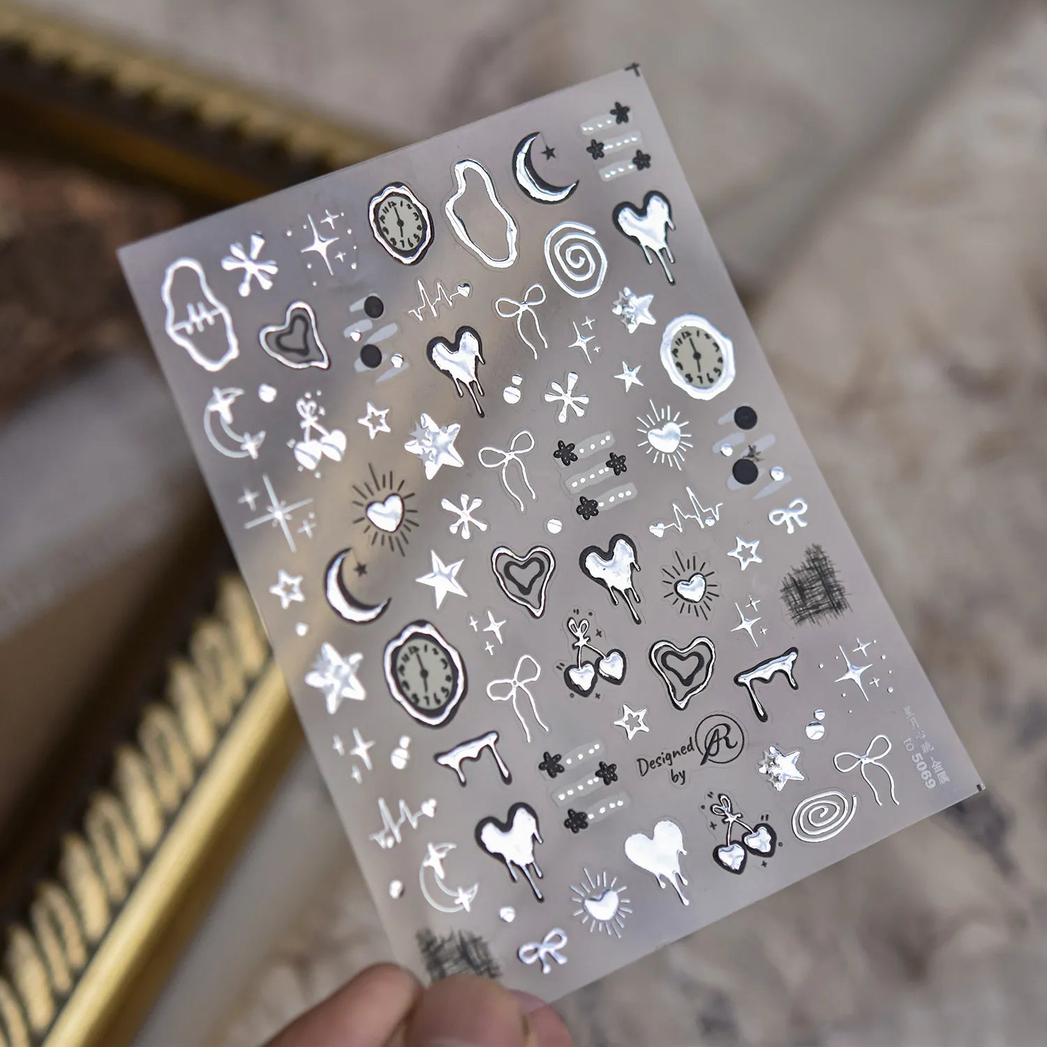 5D Chrome Gothic Heart Nail Stickers | Y2K Cyber Star & Bow Metal Nail Art Decals