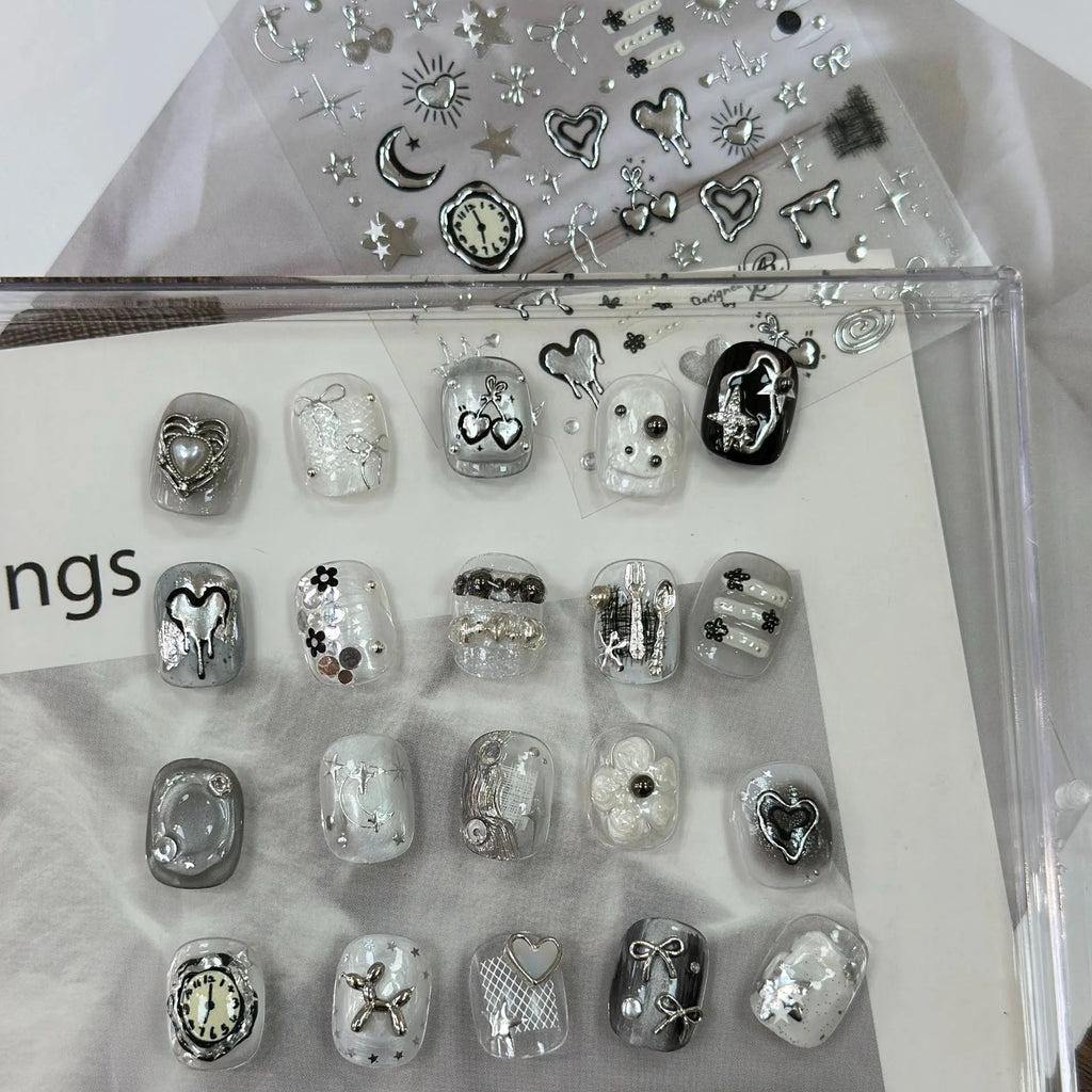 5D Chrome Gothic Heart Nail Stickers | Y2K Cyber Star & Bow Metal Nail Art Decals