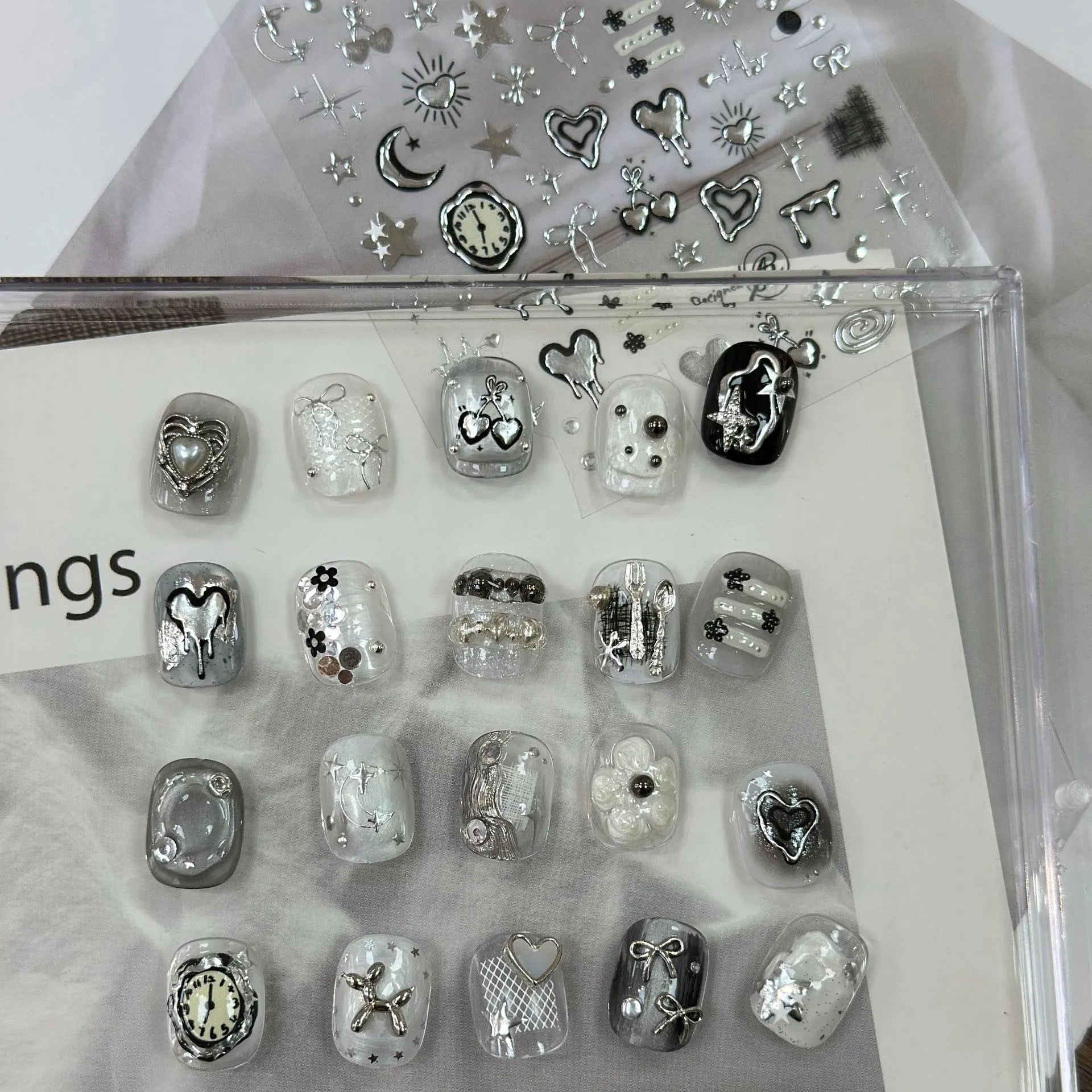 5D Chrome Gothic Heart Nail Stickers | Y2K Cyber Star & Bow Metal Nail Art Decals