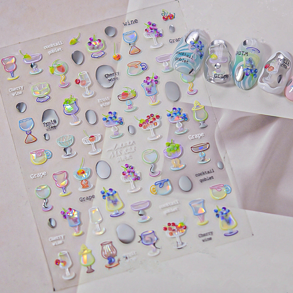 5D Cocktail Nail Stickers – Fruit Wine & Goblet Design Decals 