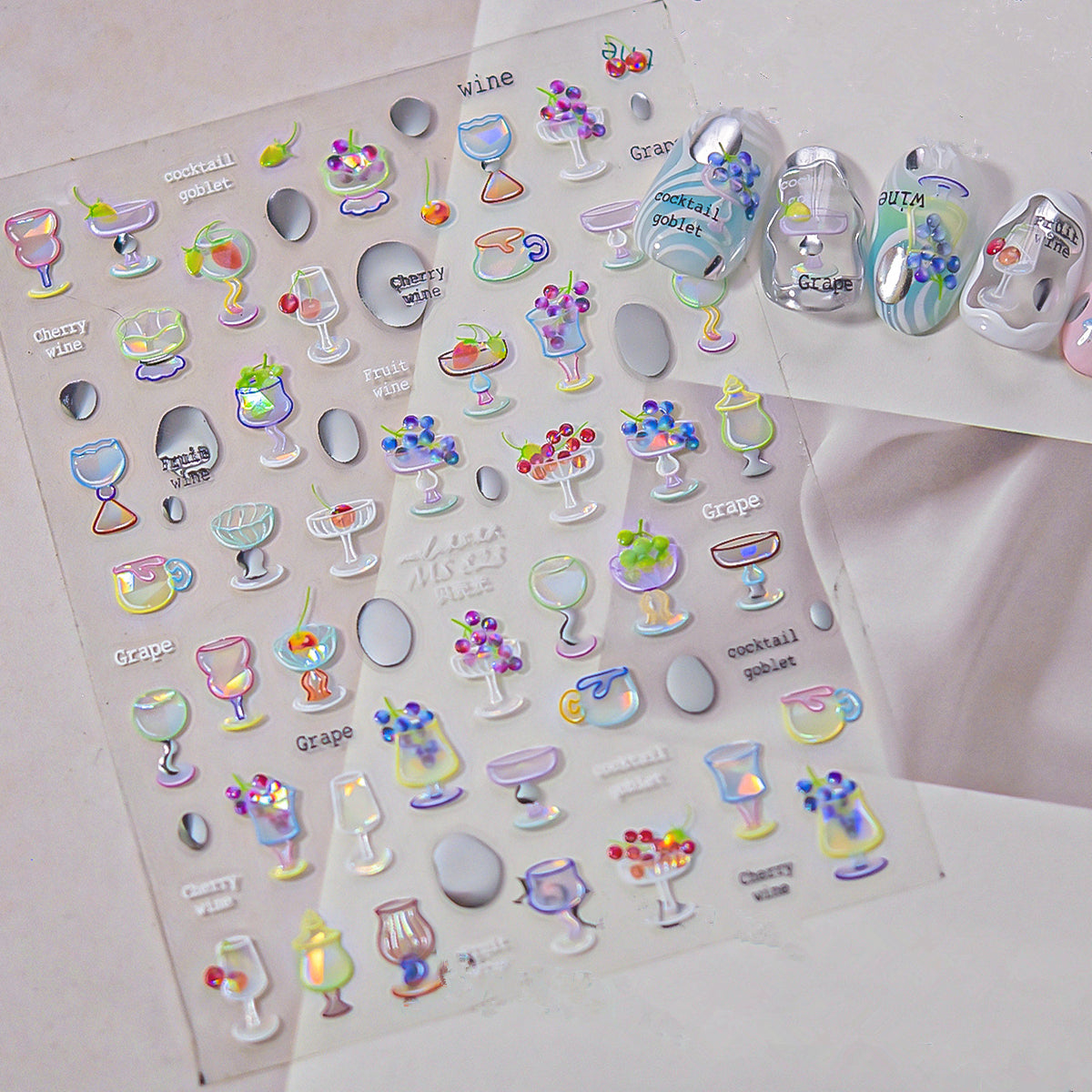 5D Cocktail Nail Stickers – Fruit Wine & Goblet Design Decals 
