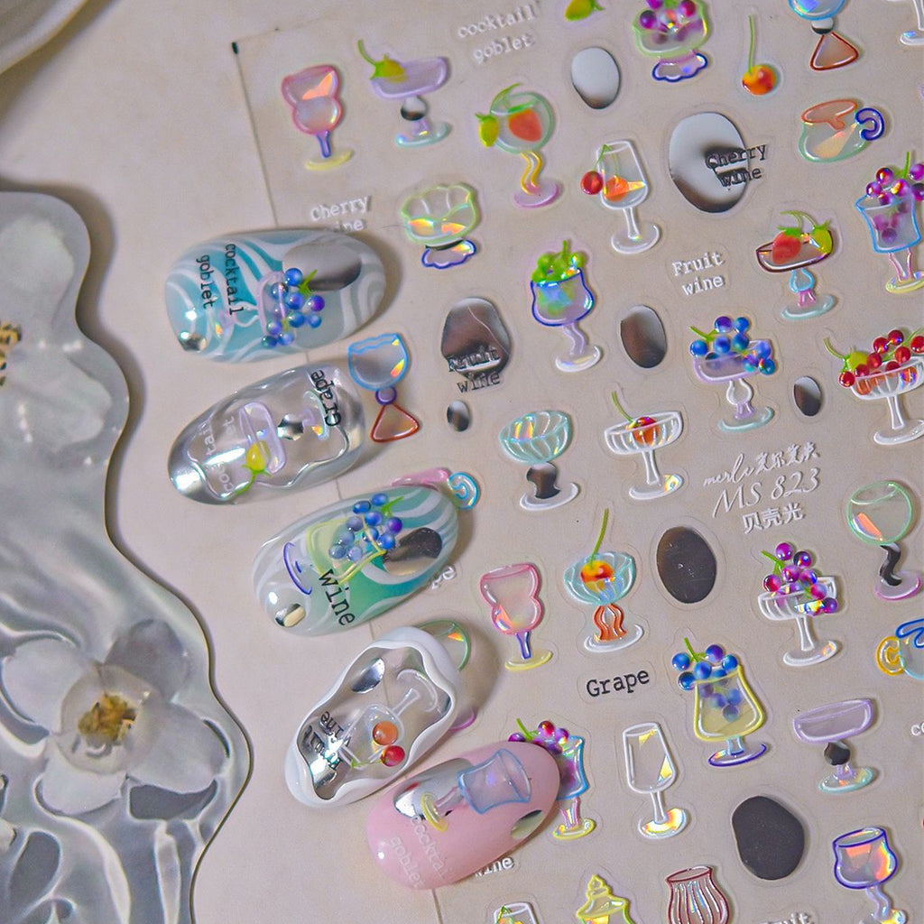 5D Cocktail Nail Stickers – Fruit Wine & Goblet Design Decals 