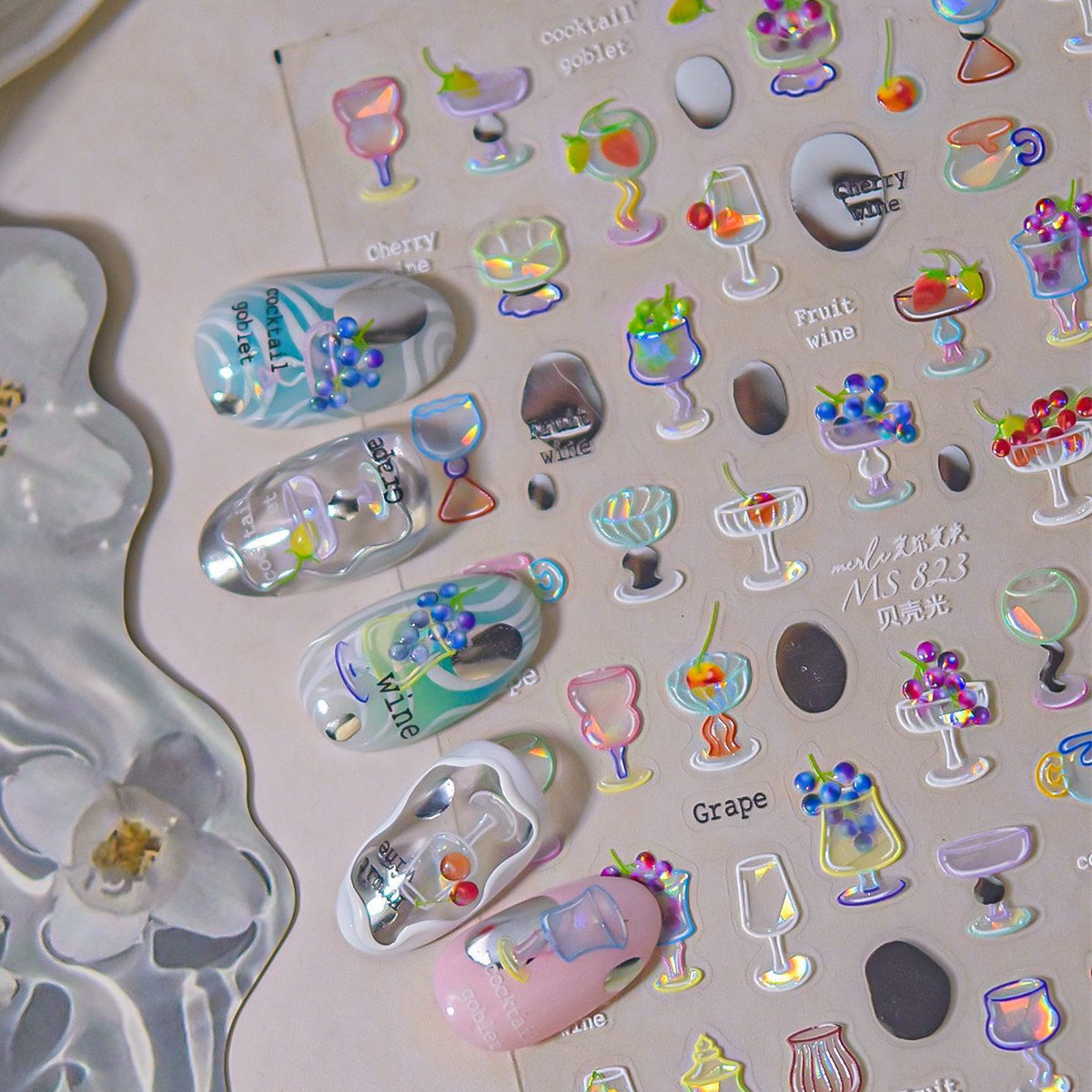 5D Cocktail Nail Stickers – Fruit Wine & Goblet Design Decals 