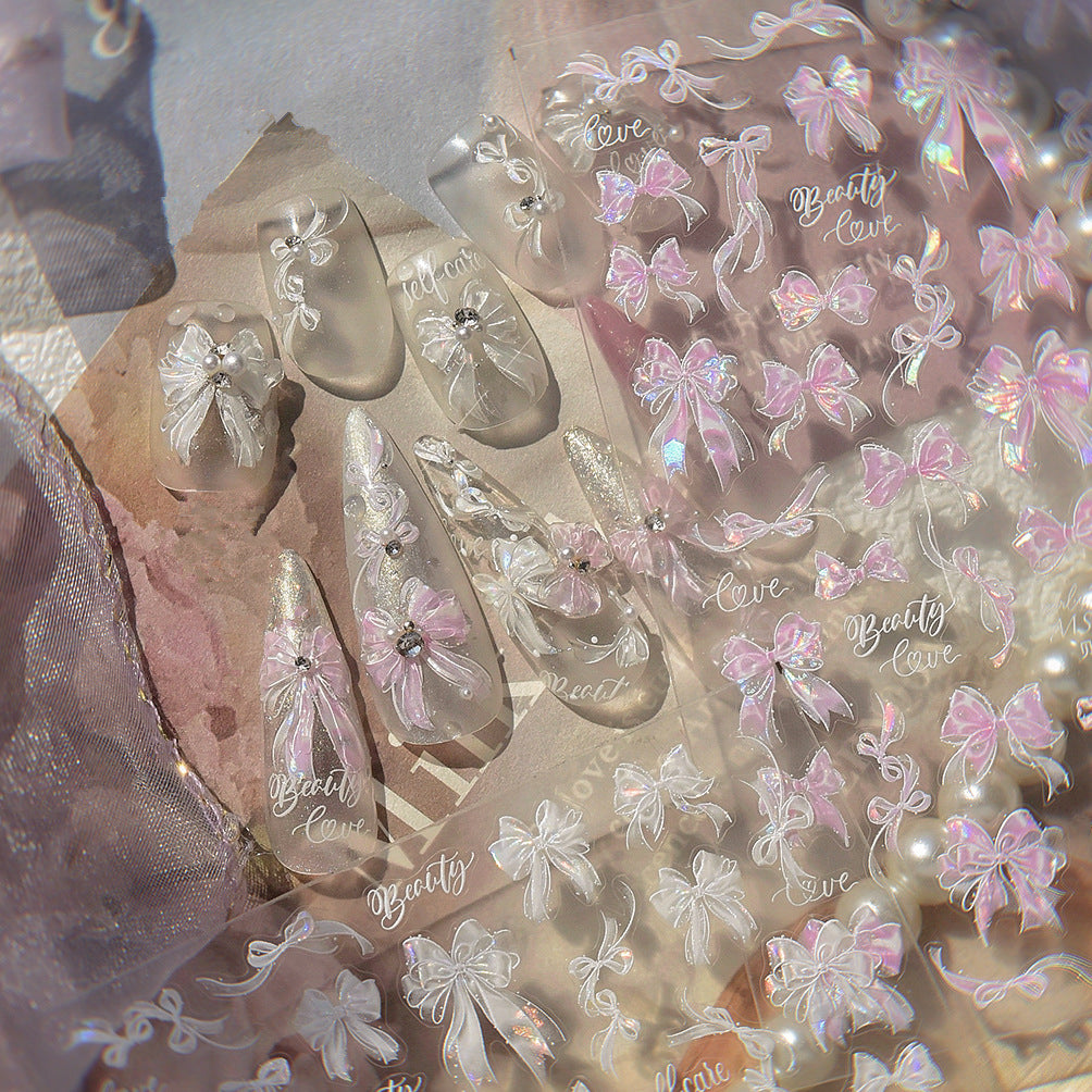 5D Coquette Bow Nail Stickers - Aurora Pink White Ribbon Decals 810