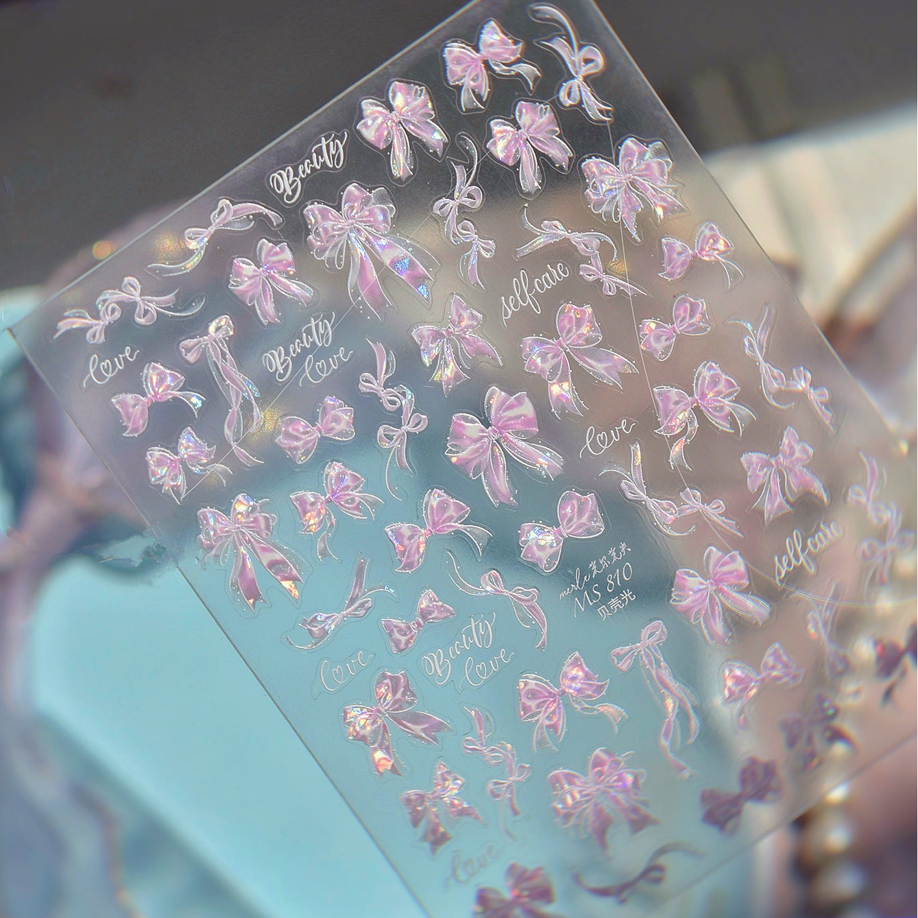 5D Coquette Bow Nail Stickers - Aurora Pink White Ribbon Decals 810