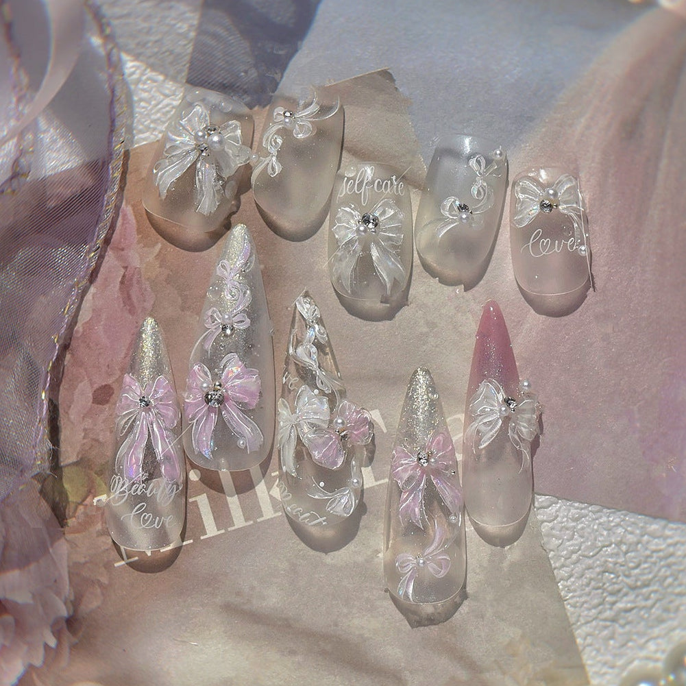 5D Coquette Bow Nail Stickers - Aurora Pink White Ribbon Decals 810