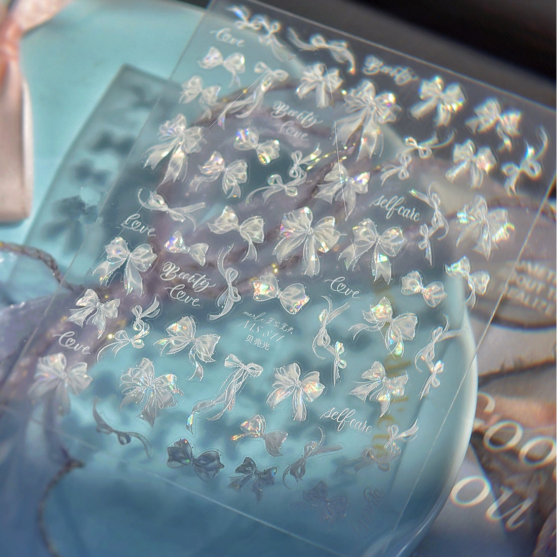 5D Coquette Bow Nail Stickers - Aurora Pink White Ribbon Decals 810