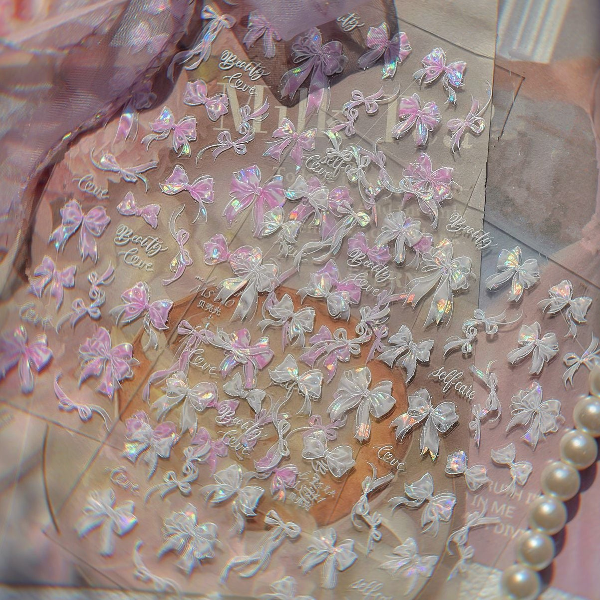 5D Coquette Bow Nail Stickers - Aurora Pink White Ribbon Decals 810