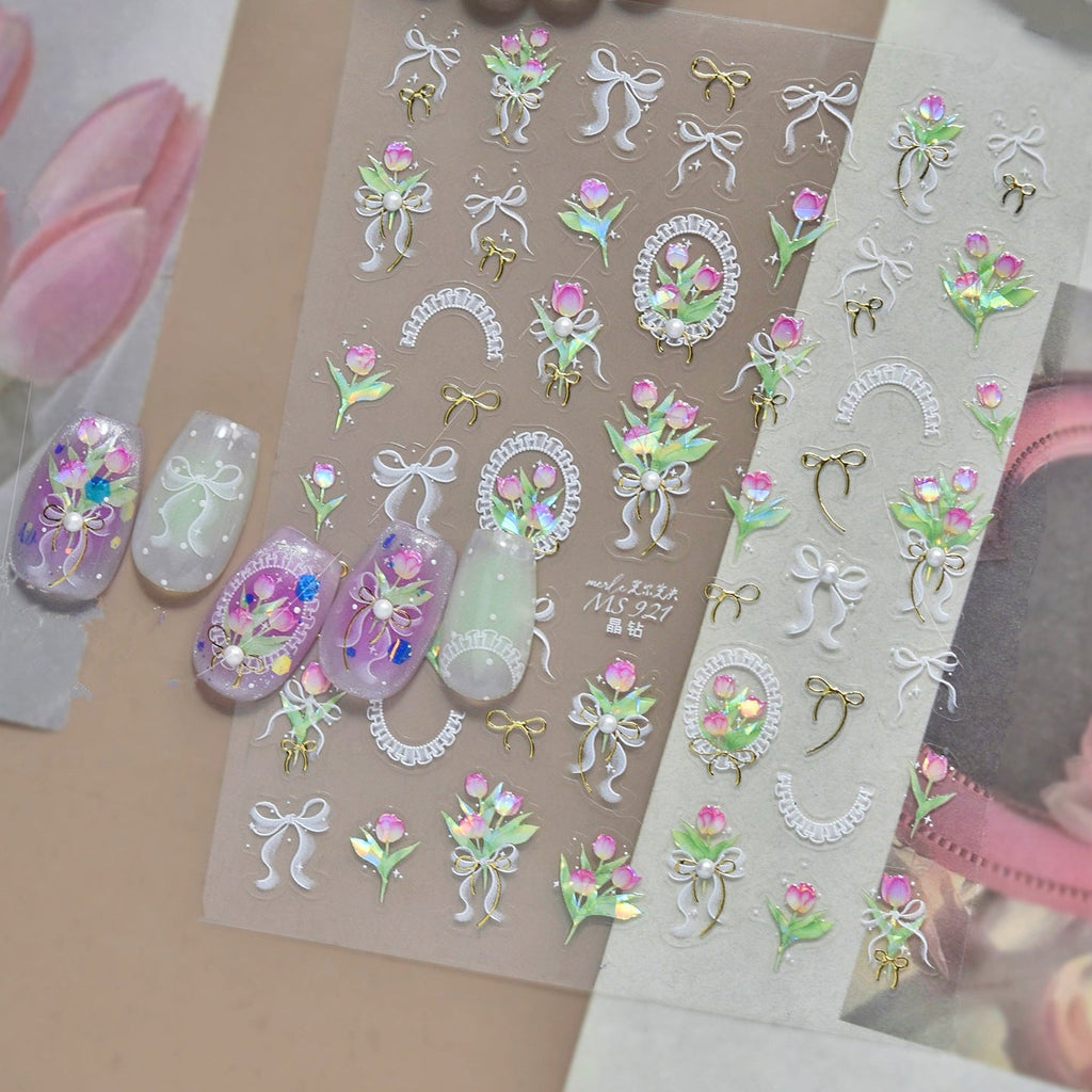 5D Coquette Tulip Nail Stickers Bow Ribbon & Vintage Frame Decals