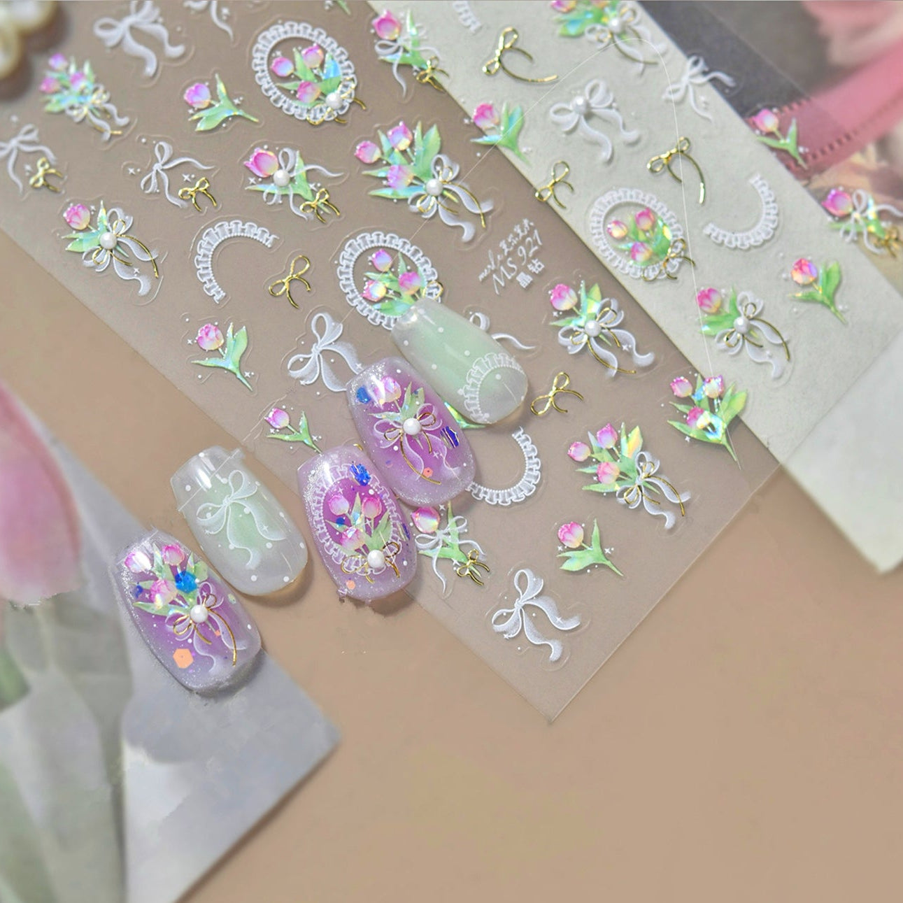 5D Coquette Tulip Nail Stickers Bow Ribbon & Vintage Frame Decals