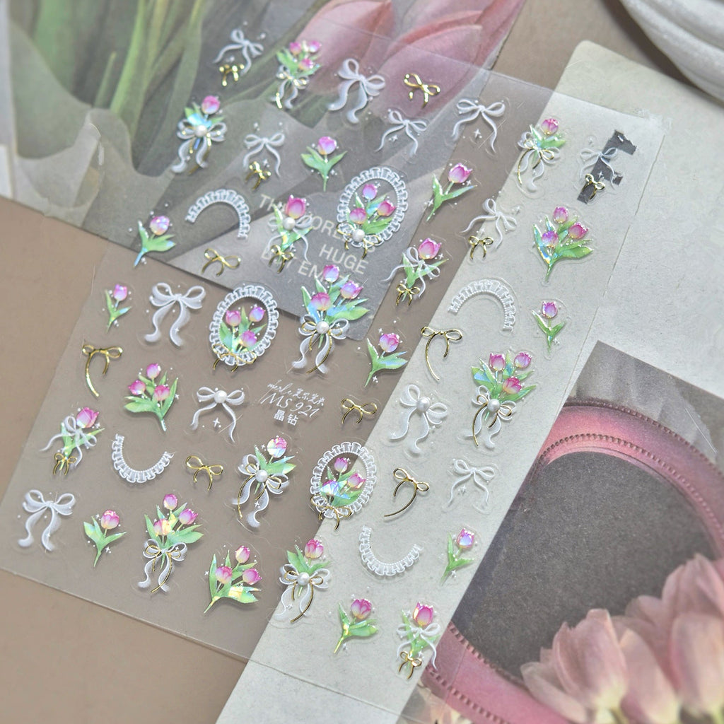 5D Coquette Tulip Nail Stickers Bow Ribbon & Vintage Frame Decals