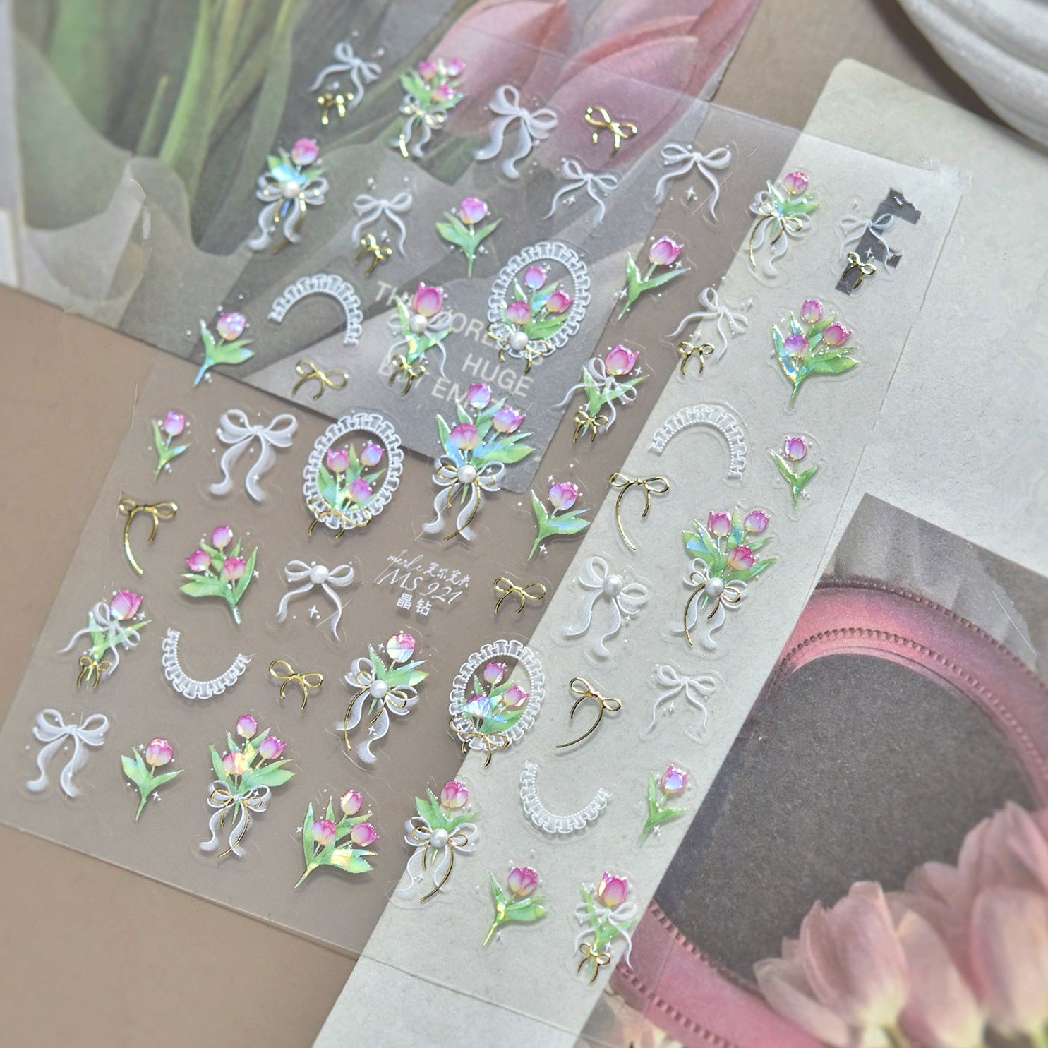 5D Coquette Tulip Nail Stickers Bow Ribbon & Vintage Frame Decals