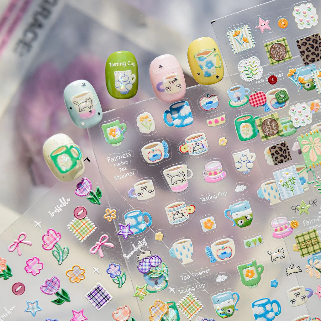 5D Cozy Teacup & Scrapbook Nail Stickers - Cute Cafe Decals 5599