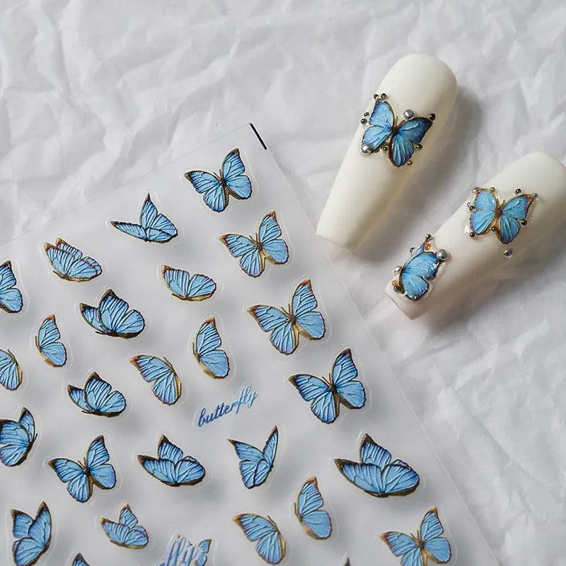 5D Embossed Blue Butterfly Nail Art Stickers Adhesive Sliders Sticker Realistic Fairy Nail Decals TS2542