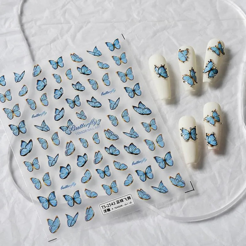 5D Embossed Blue Butterfly Nail Art Stickers Adhesive Sliders Sticker Realistic Fairy Nail Decals TS2542