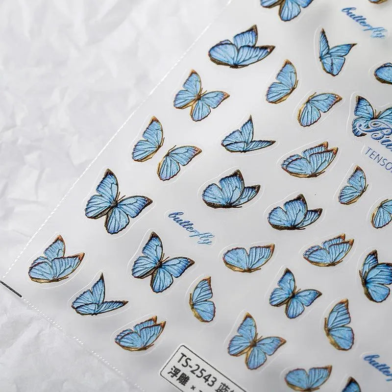 5D Embossed Blue Butterfly Nail Art Stickers Adhesive Sliders Sticker Realistic Fairy Nail Decals TS2542