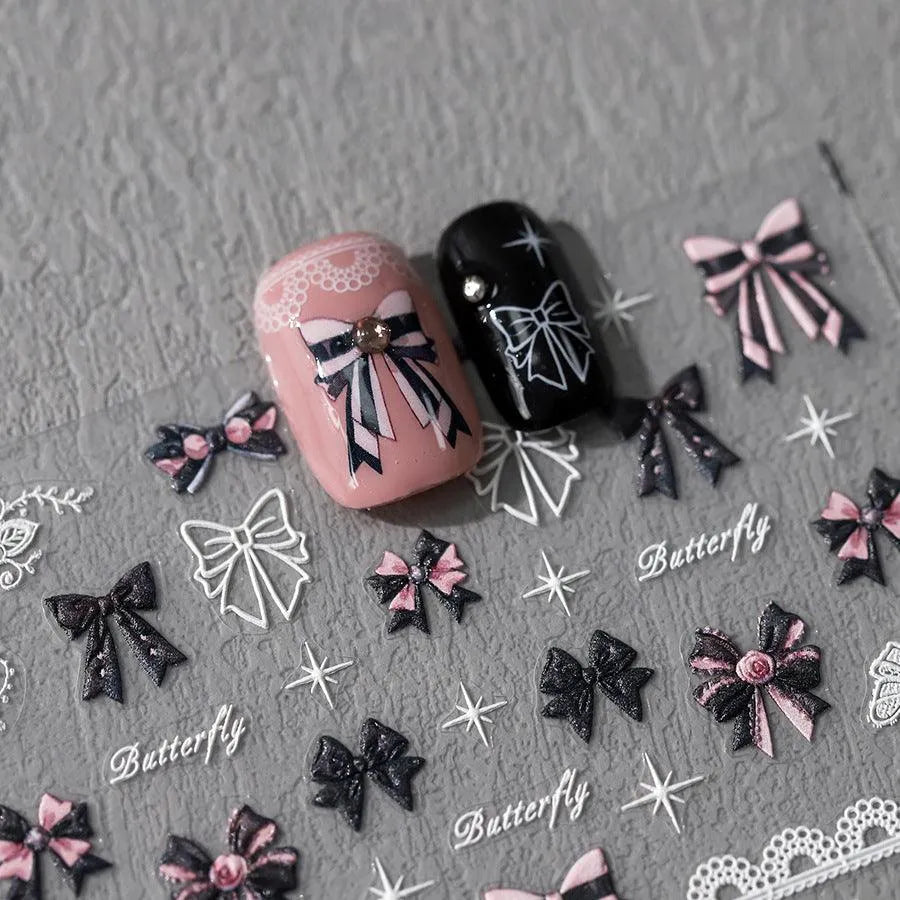 5D Embossed Bow Nail Stickers | Cute Pink & Black Balletcore Nail Art Decals TS3489