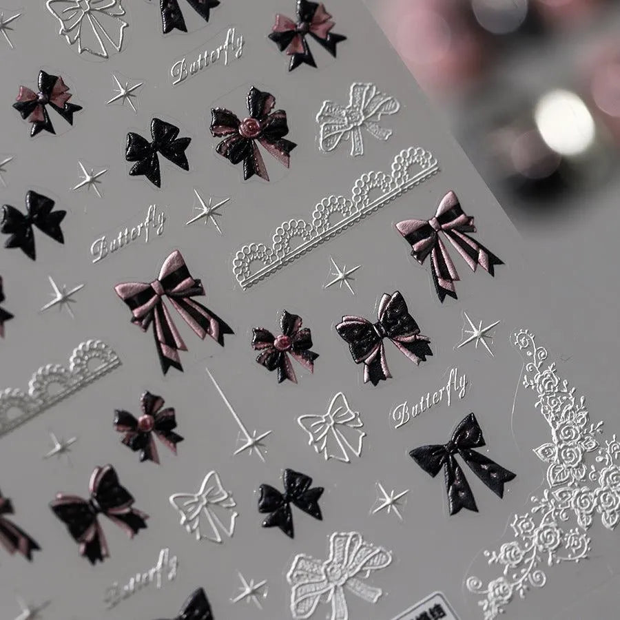 5D Embossed Bow Nail Stickers | Cute Pink & Black Balletcore Nail Art Decals TS3489