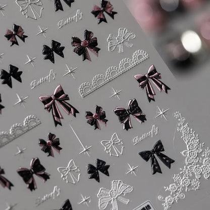 5D Embossed Bow Nail Stickers | Cute Pink & Black Balletcore Nail Art Decals TS3489