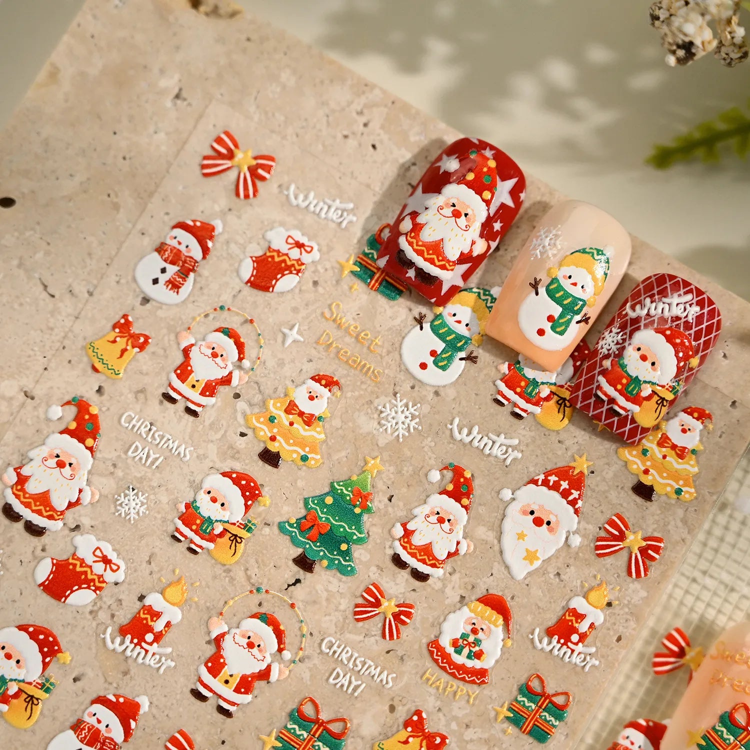5D Embossed Christmas Santa & Snowman Nail Stickers Decals 4243