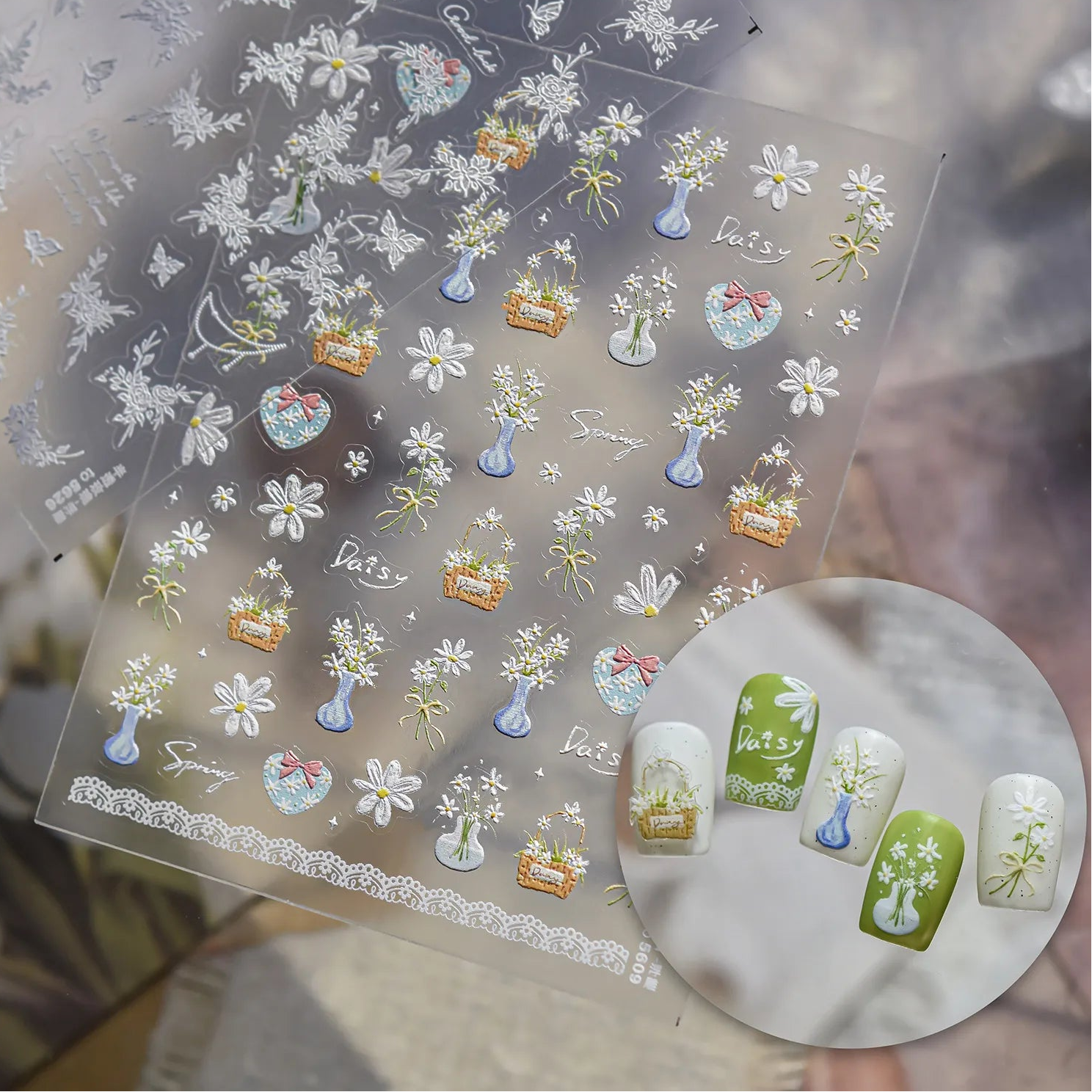 5D Embossed Daisy Nail Stickers - Cute Spring Floral Decals 5609