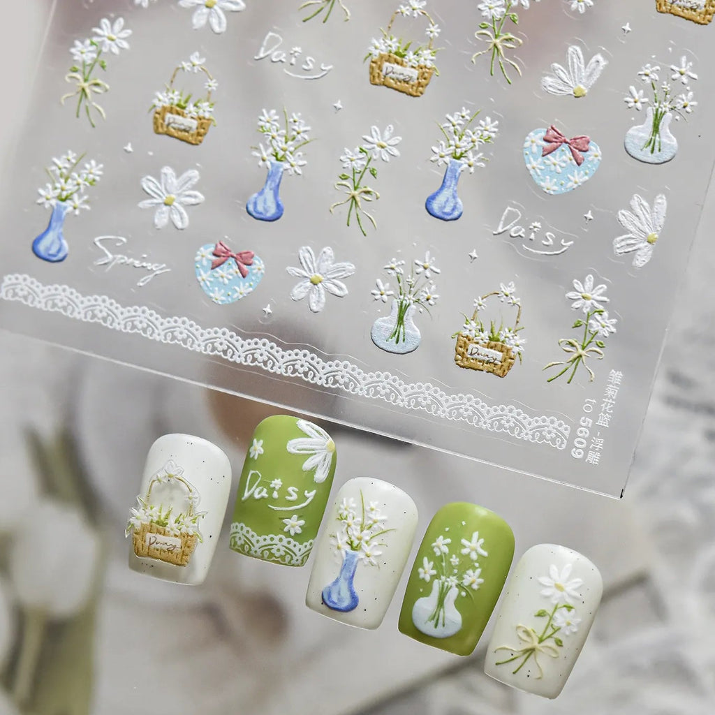 5D Embossed Daisy Nail Stickers - Cute Spring Floral Decals 5609