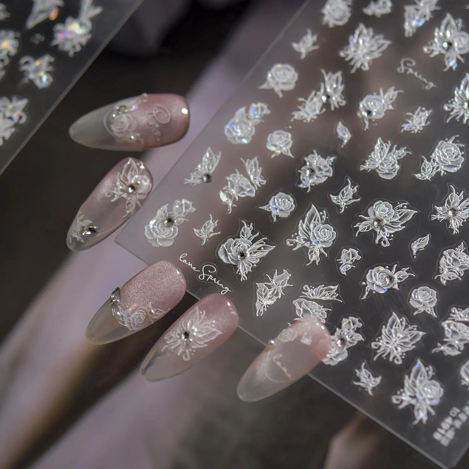 5D Embossed Floral Nail Stickers - White Lily & Rose Nail Art Decals 4918