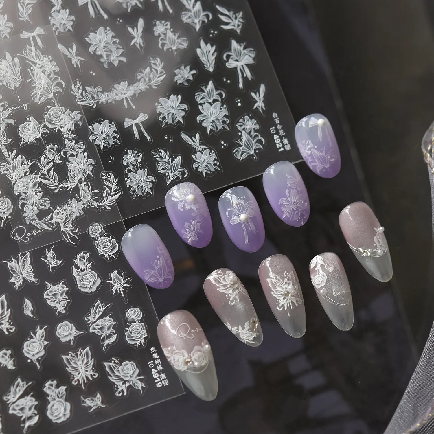 5D Embossed Floral Nail Stickers - White Lily & Rose Nail Art Decals 4918