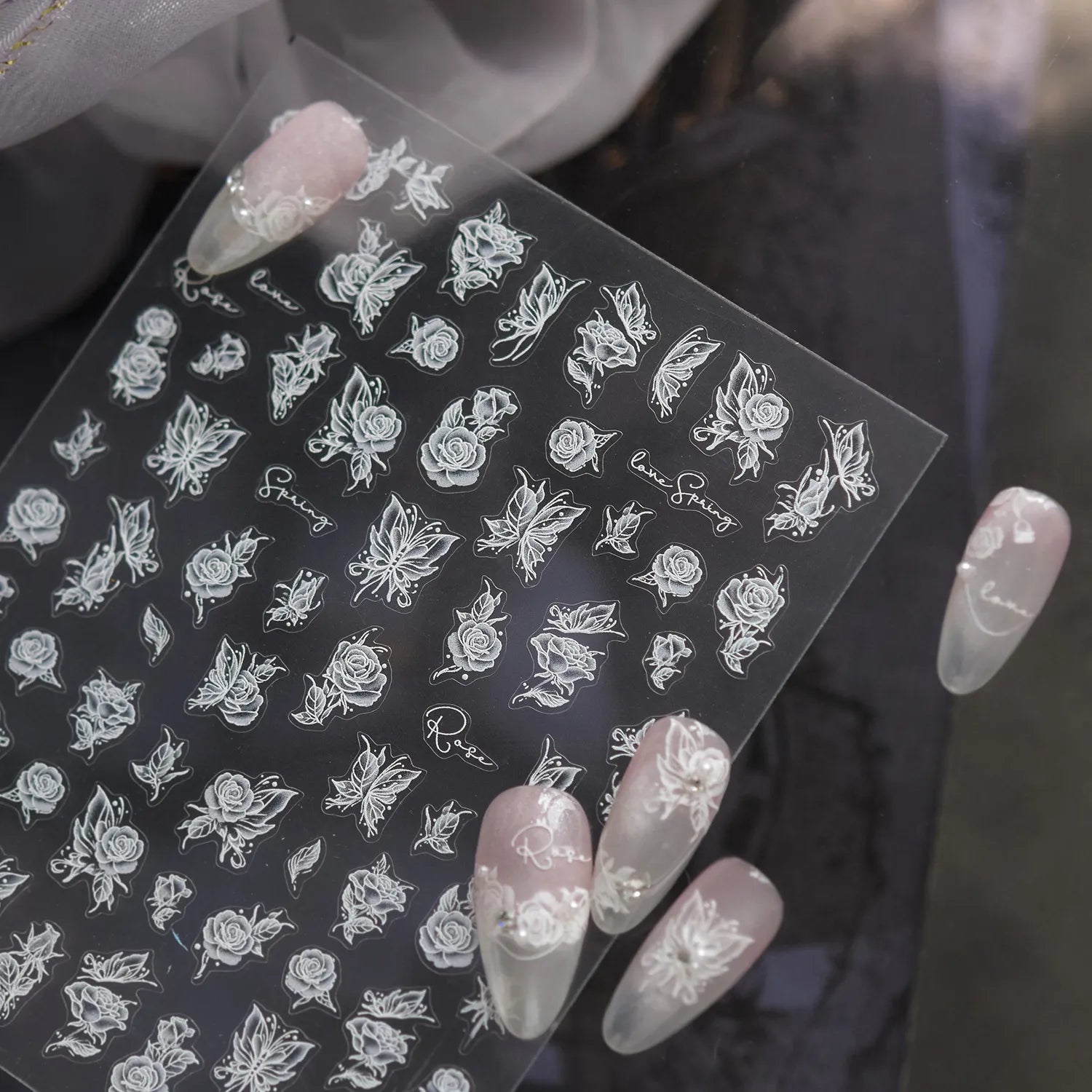 5D Embossed Floral Nail Stickers - White Lily & Rose Nail Art Decals 4918