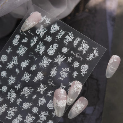 5D Embossed Floral Nail Stickers - White Lily & Rose Nail Art Decals 4918