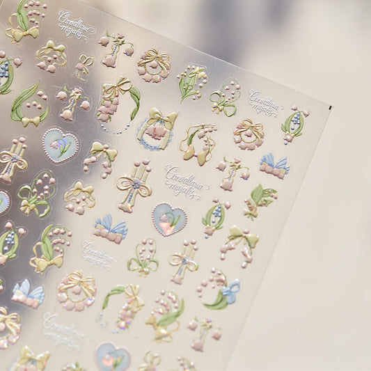 5D Embossed Lily of the Valley Nail Art Stickers | Dainty Bow & Floral Decals