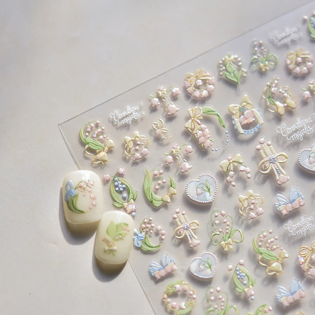 5D Embossed Lily of the Valley Nail Art Stickers | Dainty Bow & Floral Decals 