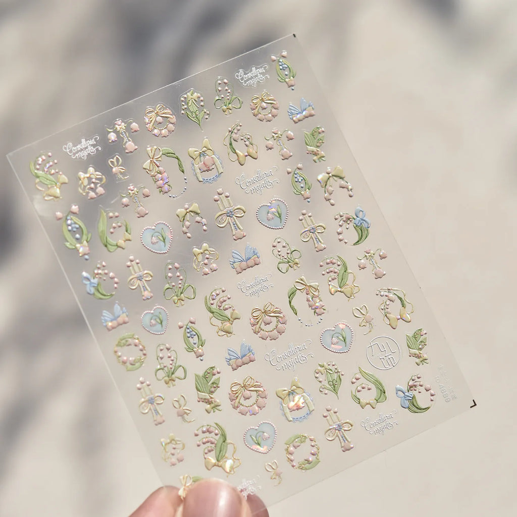 5D Embossed Lily of the Valley Nail Art Stickers | Dainty Bow & Floral Decals 