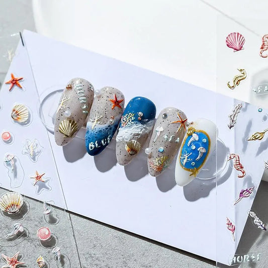 5D Embossed Ocean Nail Stickers Seashell, Starfish & Seahorse Summer Nail Art Decals TS1289