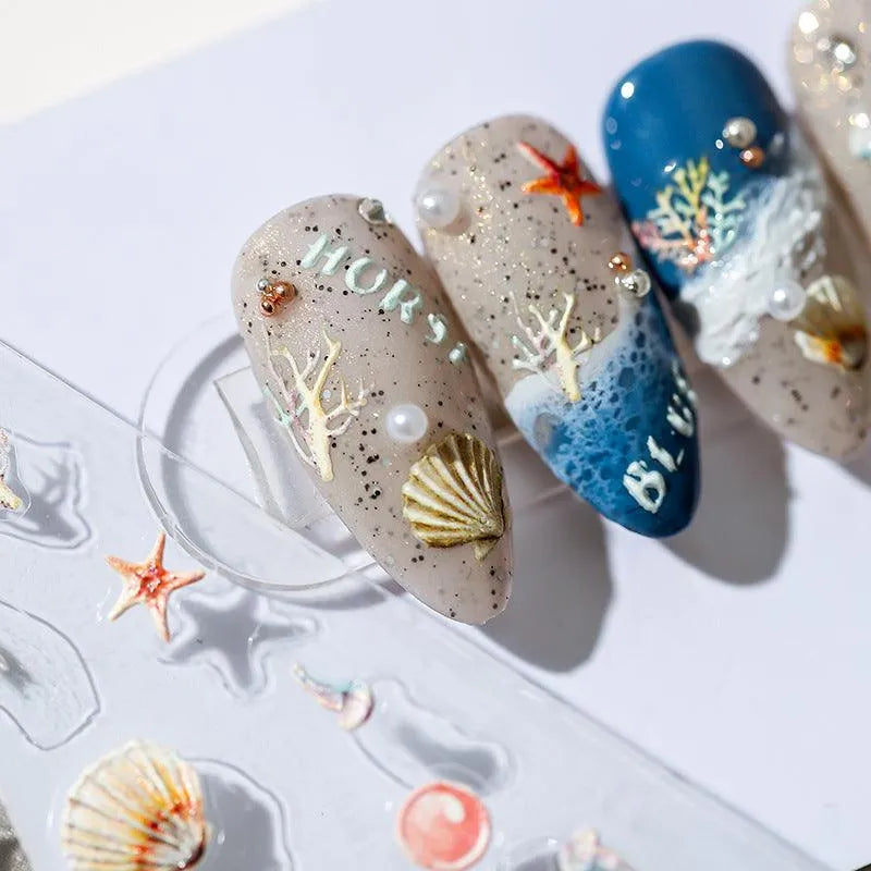 5D Embossed Ocean Nail Stickers Seashell, Starfish & Seahorse Summer Nail Art Decals TS1289