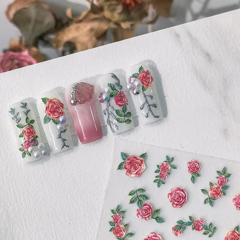 5D Embossed Rose Nail Art Stickers for Elegant Wedding & Romantic Manicures Vintage Floral Sticker Decals TS2614