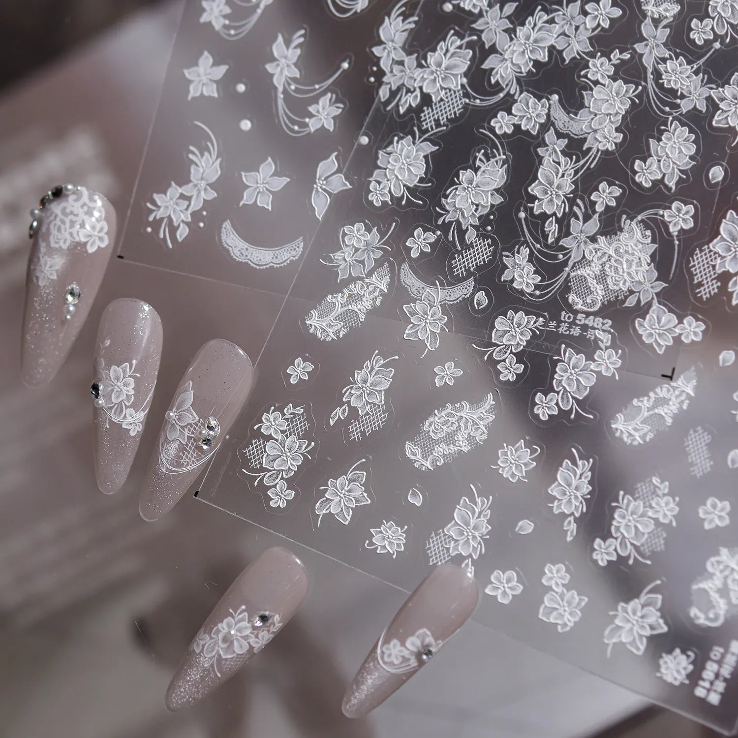 5D Embossed White Floral & Lace Nail Stickers - Wedding Art 5482