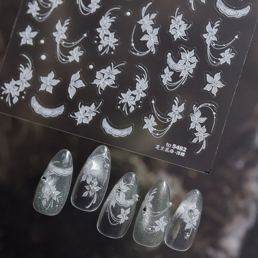 5D Embossed White Floral & Lace Nail Stickers - Wedding Art 5482